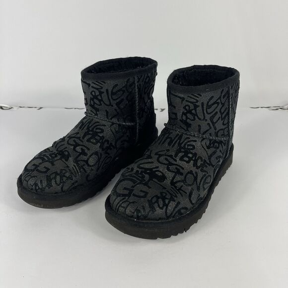 UGG‎ Mini Street Sparkle Graffiti Black Womens Boot Size 6 - Picture 1 of 12